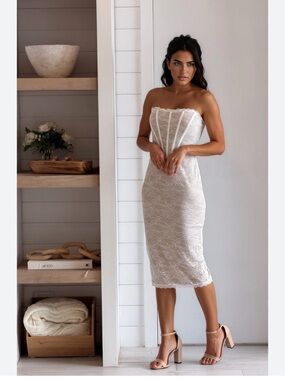 Strapless Lace Midi Dress in Cream